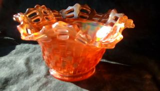 Vintage Orange Carnival Glass Bowl With Basket Weave And Logan Berry Pattern