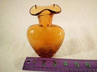 Vintage Mid Century Hand Blown Amber Crackle Glass Vase W/ Crimped Edge