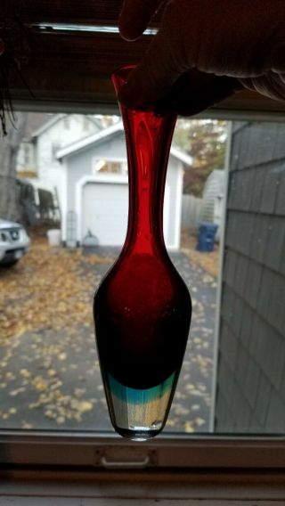 Vintage Red Bud Vase With Clear And Blue Bottom Murano?