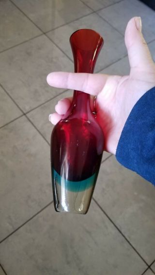 Vintage Red bud vase with clear and blue bottom Murano? 3
