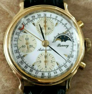 Berney Gold Plaque Automatic Chronograph Date & Moonphase 36.  5mm Mens Watch Rare