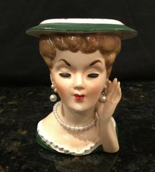 Vintage Unmarked Ladies Head Vase Green Hat With Pearl Earrings And Necklace