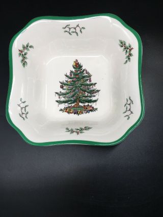 Spode Christmas Tree England Square 9 ½” Vegetable Green Trim Serving Dish Bowl