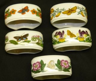 5 Portmeirion Botanic Garden Porcelain Napkin Rings Flowers Butterflies England