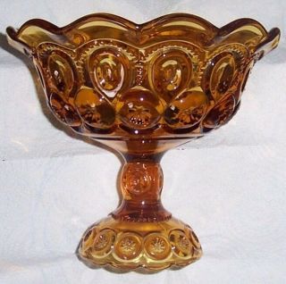 Vintage Le Smith Glass Moon & Stars Footed Compote 6 3/4 " Amber Crimped Dish