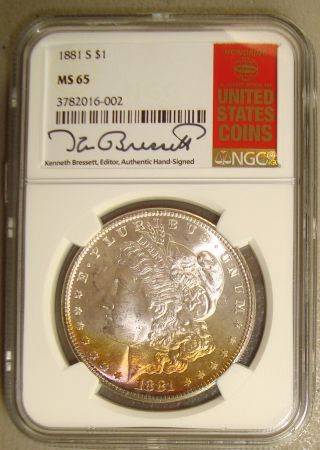 Lovely Toned 1881 - S Morgan Silver Dollar Ngc Gem Ms65 Signed By Kenneth Bressett