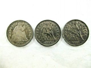 3 United States Silver Liberty Seated Half Dimes Dated 1856 & 1857 Vf - Xf Toning