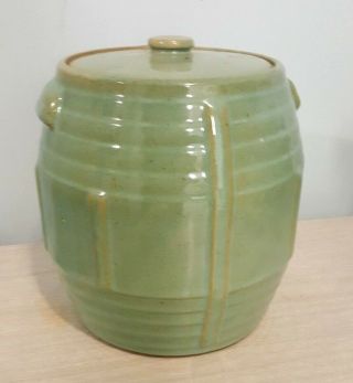 Vintage Frankhoma Cookie Jar With Lid Green 8 " Tall