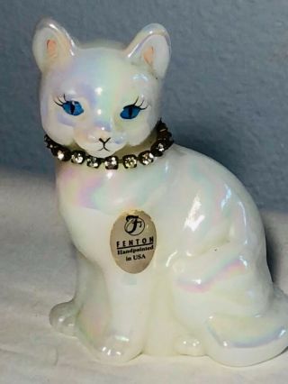 Fenton White Opalescent Kitty Cat With Rhinestone Collar - Signed Kitten Figurine
