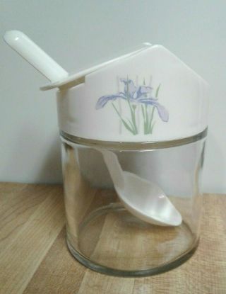 Gemco Corning Blue Iris Sugar Dispenser Jar With Spoon Flip Top Tableware Euc