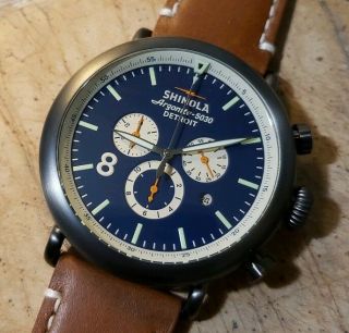 Shinola Runwell Watch With 47mm Navy Blue Chronograph Face & Brown Leather Band.