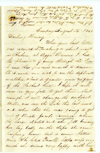 1868 Ny Letter From Sister To Darling Henry Negroes In Prison Croquet