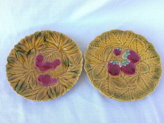 Pv France Hand Painted Fruit/leaf Plates 7 - 1/2” Vintage Cherry & Strawberry
