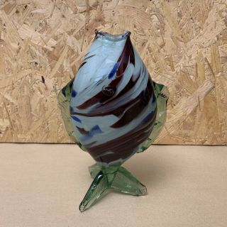 Vintage Handmade Murano Art Glass Standing Fish Vase - Green & Red - 9.  5in