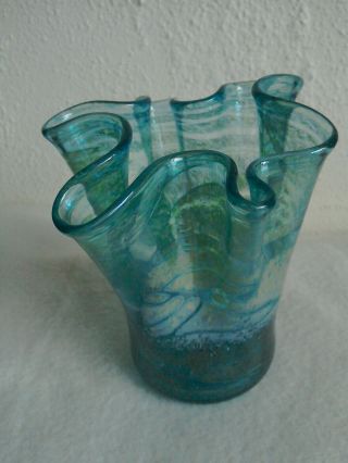 Small Vintage Murano Handkerchief Blue & Green Vase 11 Cm Tall.