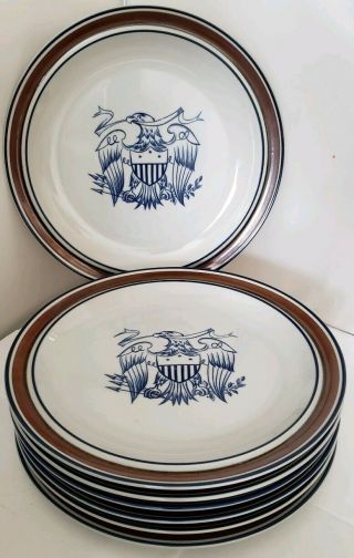 Salem Stoneware 7 Dinner Plates Blue Eagle Vintage Stoneware Blue & Brown Rim