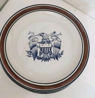 SALEM STONEWARE 7 DINNER PLATES BLUE EAGLE Vintage Stoneware Blue & Brown rim 2