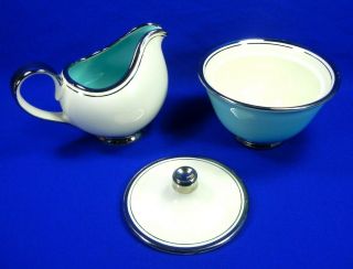 Taylor Smith & Taylor Sugar & Creamer Set Baby Blue & White With Silver Detail