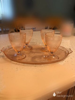 Vintage Pink Depression Glass - 4 Pudding Cups And Tray Tray Has A Few Chips