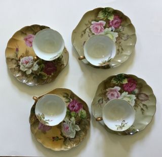 Set Of 4 Vintage Lefton China Tea Cups And Sandwich Plates - Hand Painted