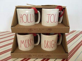Rae Dunn Set Of 4 Holly Jolly & Merry Bright Mini Mug Christmas Ornaments.