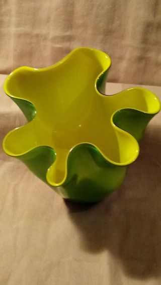 Vintage Green & Yellow Murano Glass Vase With Art Design