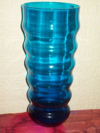 Vintage Mid Century Art Glass Ribbed Blue Vase
