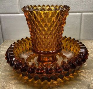 Vintage Indiana Glass Diamond Point Amber Candle Votive Candlestick Holder Decor