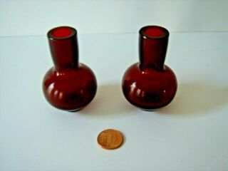 Set Of 2 Vintage Ruby Red Glass Mini Vases 2.  5 " Tall Unmarked Very Good Condit