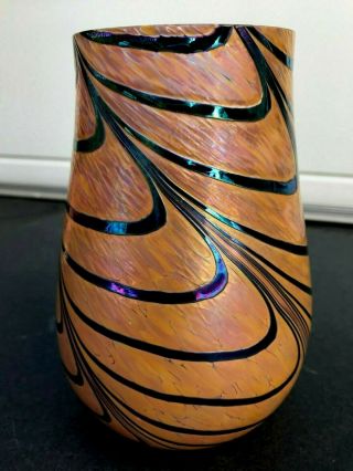 Studio Art Glass Feather Pulled Iridescent Blue & Gold Glass Vase