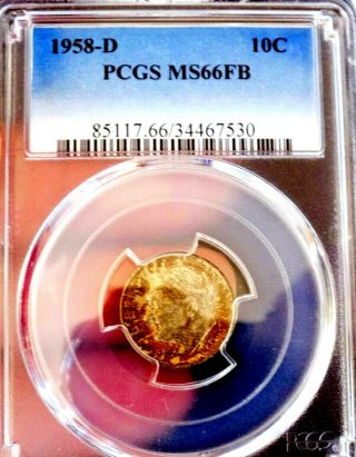 1958 D Pcgs Ms66 Fb Roosevelt Dime Stunning Pastel Tonned Premium Coin