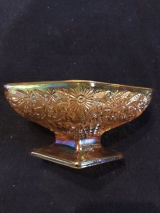 Vintage Amber Marigold Carnival Glass Candy Bowl Triangular Pedestal