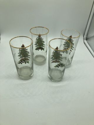 Spode Christmas Tree Set of Four (4) 12 Oz Highball Glasses w/ Gold Rim & Holly 2