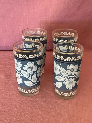 Set Of 4 Vintage Blue / White Floral Glass Tumblers 5 " Tall N
