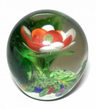 Vintage Chinese Art Glass Lampwork Water Lily Flower Paperweight Numbered - Euc