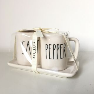 Rae Dunn White Salt & Pepper Mini Mug Set S&p Shakers W/ Tray