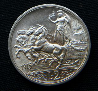 1915 Italy Kingdom Silver Coin 2 Lire Unc Quadriga Briosa