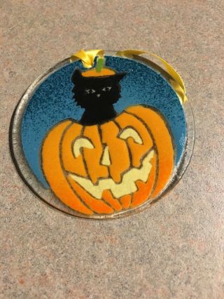 Peggy Karr Fused Glass Ornament - Halloween Boo Cat 3”