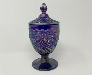 Vtg Imperial Grape Cable Carnival Glass Lidded Candy Iridescent Electric Blue
