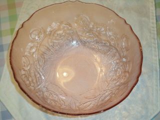 Pink Glass Arcoroc France Serving Bowl With Embossed Flowers 9 " Pretty