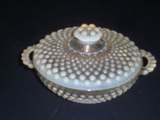 Anchor Hocking Hobnail Moonstone Opalescent Candy Dish W| Lid And Handles Vtg