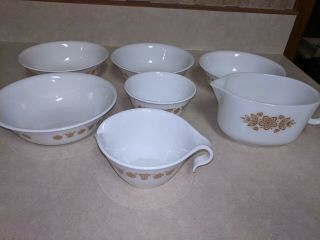 Vintage Pyrex/corelle Butterfly Gold Gravy Boat,  4 Bowls,  Sugar And Creamer