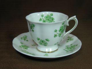 Royal Albert Bone China Shamrock Cup And Saucer Green On White Some Gold Trim