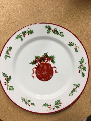 Set Of 4 Christopher Radko Holiday Celebrations Red Ornament Holly Dinner Plate