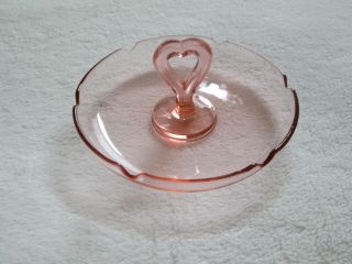 Vintage Pink Depression Glass Tray With Heart Shaped Handle.