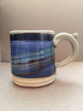 Hand Thrown Pottery Stoneware Coffee Cup Blue Brown Swirl Mug Artist Signed Vgc