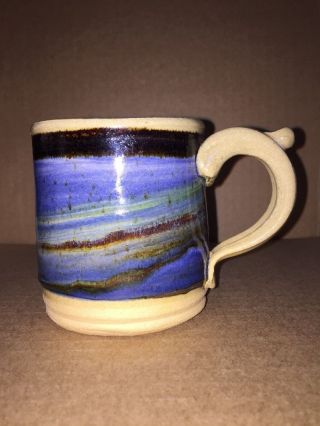 Hand Thrown Pottery Stoneware Coffee Cup Blue Brown Swirl Mug Artist Signed VGC 2