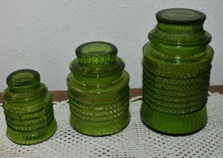 Vintage Le Smith Set Of 3 Green Textured Glass Jars Canister 60s 70s Decor