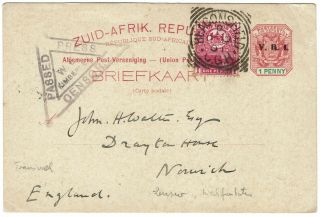 Transvaal - Cape Of Good Hope 1901 Boer War Press Censor Postcard To England