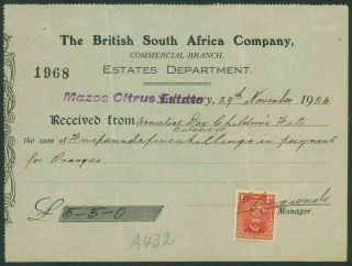 Sth Rhodesia - 1924 Receipt With 1d Admiral Fiscally (em269c)